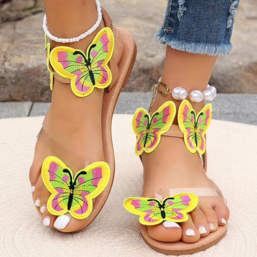 Casual Butterfly Decor Round Sandals Flat Bottom And Light Slip On Beach Vacation Shoes