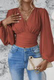 Daily Lantern Sleeve V Neck Cinch Waist Ruched Vacation Blouse