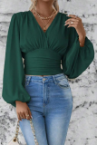 Daily Lantern Sleeve V Neck Cinch Waist Ruched Vacation Blouse
