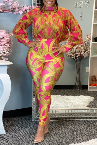 Casual Boho Print Long Slit Sleeves Turtleneck Club Party Vacation Skinny Jumpsuits