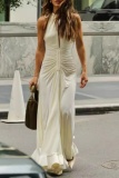 Casual O Neck Sleeveless Hollow Out Ruched Ruffle Hem Vacation Long Formal Office Lady A Line Maxi Dresses