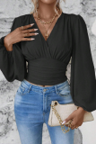 Daily Lantern Sleeve V Neck Cinch Waist Ruched Vacation Blouse