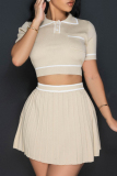 Knit Print Turndown Collar Short Sleeve Pocket Buckle Crop Tops And Pleated Mini Skirt Vacation Two Pieces Dress Sets