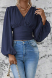 Daily Lantern Sleeve V Neck Cinch Waist Ruched Vacation Blouse