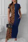 Casual Leopard Print O Neck Short Sleeve Vacation Bodycon Maxi T-shirt Dresses