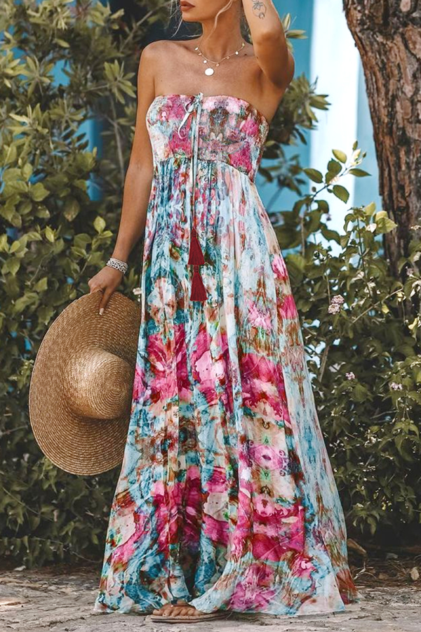 Sexy Flowers Print Fringed Trim Strapless Sleeveless Vacation A Line Tube Maxi Sundress