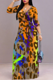 Casual Leopard Print V Neck Half Sleeve Lace Up Floor Length Vacation A Line Maxi Dresses