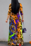 Casual Leopard Print V Neck Half Sleeve Lace Up Floor Length Vacation A Line Maxi Dresses