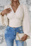 Daily Lantern Sleeve V Neck Cinch Waist Ruched Vacation Blouse