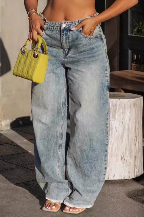 Casual High Waist Pockets Distressed Wide Leg Denim Jeans