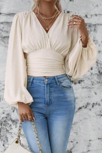 Daily Lantern Sleeve V Neck Cinch Waist Ruched Vacation Blouse