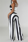 Sexy Stripe Print Backless Sleeveless Spaghetti Strap Tank Crop Tops And Wide Leg Pants Vacation Formal Office Lady Two Pieces Trouser Sets