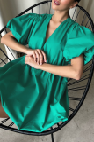 Casual V Neck Lantern Sleeve Cinch Waist Ruched Bubble Hem Vacation Formal Party Evening Princess Mini Dress