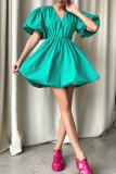 Casual V Neck Lantern Sleeve Cinch Waist Ruched Bubble Hem Vacation Formal Party Evening Princess Mini Dress