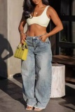 Casual High Waist Pockets Distressed Wide Leg Denim Jeans