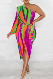 Stripe Print Backless Single Lonfg Sleeve Oblique Collar Belted Front Slit Formal Party Evening Bodycon Maxi Dress