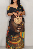 Casual Figure Print Off Shoulder Short Sleeve Pockets Floor Length Loose T-shirt Dresses