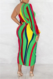 Stripe Print Backless Single Lonfg Sleeve Oblique Collar Belted Front Slit Formal Party Evening Bodycon Maxi Dress