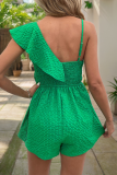 Casual Plaid Print V Neck Sleeveless Ruffle Trim Ruched Irregular Vacation Loose Rompers