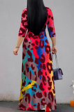 Casual Leopard Print V Neck Half Sleeve Lace Up Floor Length Vacation A Line Maxi Dresses