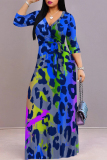 Casual Leopard Print V Neck Half Sleeve Lace Up Floor Length Vacation A Line Maxi Dresses