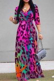 Casual Leopard Print V Neck Half Sleeve Lace Up Floor Length Vacation A Line Maxi Dresses