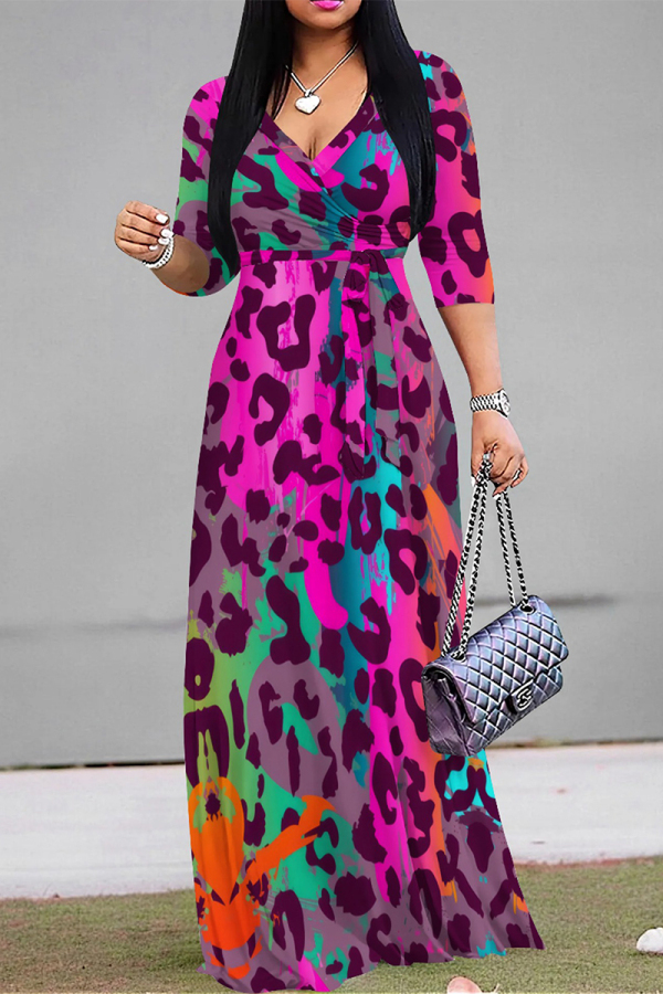 Casual Leopard Print V Neck Half Sleeve Lace Up Floor Length Vacation A Line Maxi Dresses