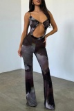 Sexy Graphics Print Backless Spaghetti Strap Hollow Out Formal Party Evening Cami Skinny Flare Jumpsuits