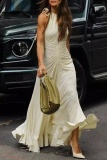 Casual O Neck Sleeveless Hollow Out Ruched Ruffle Hem Vacation Long Formal Office Lady A Line Maxi Dresses