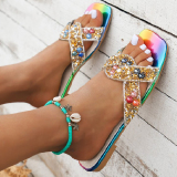 Casual Color Block Rhinestone Decor Square Slide Sandals Glamorous Summer Flat Sandals Out Door Shoes