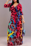 Casual Leopard Print V Neck Half Sleeve Lace Up Floor Length Vacation A Line Maxi Dresses