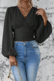 Daily Lantern Sleeve V Neck Cinch Waist Ruched Vacation Blouse