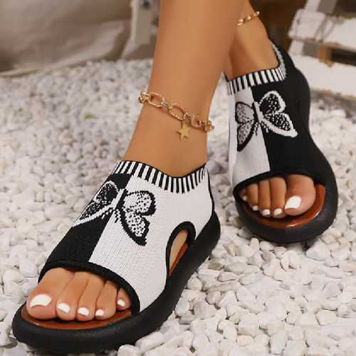 Casual Butterfly Print Fish Mouth New Mesh Knit Flower Embroidery Roman Style Peep Toe Casual Sandals Out Door Shoes