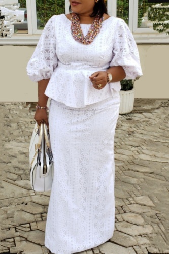 Casual Lace Flower Print O Neck Flare Sleeve Cinch Waist Ruffle Hem Blouse And Maxi Skirt Vacation Two Pieces Dress Sets