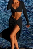 Sexy V Neck Long Sleeve Front Knotted Crop Tops And Front Slit Maxi Skirt Formal Party Evening Vacation Two Pieces Matching Dress Sets