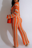 Casual Stripe Print  Turndown Collar Long Sleeve Blouse And Straight Leg Pants Vacation Two Pieces Trouser Sets