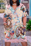 Casual Graphics Print V Neck Short Sleeve Pockets Plus Size T-shirt Midi Dresses