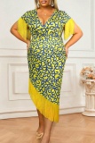 Casual Boho Print V Neck Fringed Trim Tassel Irregular Hem One Step Skirt Formal Party Evening Plus Size Bodycon Midi Dress