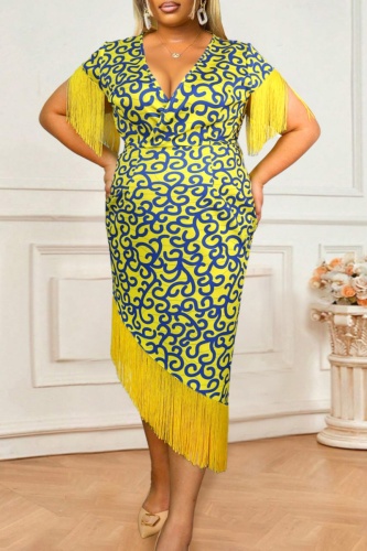Casual Boho Print V Neck Fringed Trim Tassel Irregular Hem One Step Skirt Formal Party Evening Plus Size Bodycon Midi Dress