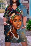 Casual Figure Print Basic V Neck Short Sleeve Pockets Plus Size T-shirt Midi Dresses