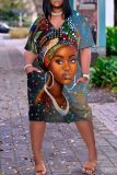 Casual Figure Print Basic V Neck Short Sleeve Pockets Plus Size T-shirt Midi Dresses
