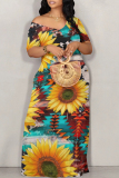 Sexy Floral Print Off Shoulder Short Sleeve Floor Length Pocket Vacation Loose T-shirt Dresses