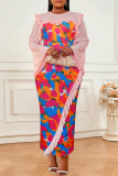 Boho Print O Neck Long Sleeve One Step Skirt Ruffle Trim Mesh Lace Formal Office Lady Plus Size Bodycon Maxi Dress