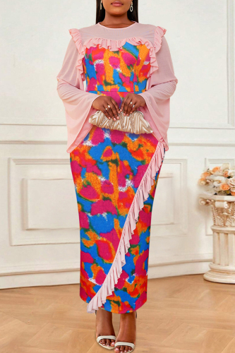 Boho Print O Neck Long Sleeve One Step Skirt Ruffle Trim Mesh Lace Formal Office Lady Plus Size Bodycon Maxi Dress