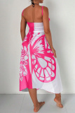 Sexy Butterfly Print See-Through Backless Vacation Beach Swimwears Cover Up Skirt Swimsuit