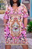 Casual Graphics Print V Neck Short Sleeve Pockets Plus Size T-shirt Midi Dresses
