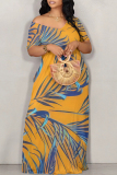 Leaf Print Off Shoulder Short Sleeve Pocket Floor Length Vacation Loose Straight Maxi Dress