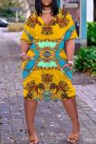 Casual Graphics Print V Neck Short Sleeve Pockets Plus Size T-shirt Midi Dresses