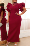 Party Formal Pearl Decor Half A Turtleneck Ruffle Sleeve Hollow Out Evening Bodycon Maxi Dress