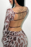 Sexy Leopard Print Backless O Neck Long Sleeve Side Slit Lace Up Evening Club Bodycon Mini Dresses